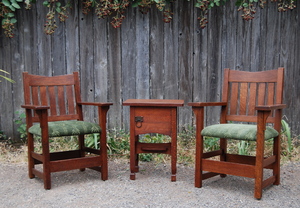 Pair Early Gustav Stickley V Back Arm Chairs, signed.